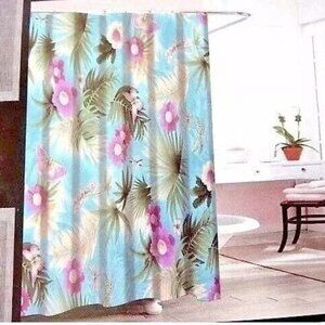 Tropical Butterfly Floral Fabric Shower Curtain 12 Metal Roller Hooks Blue NIP